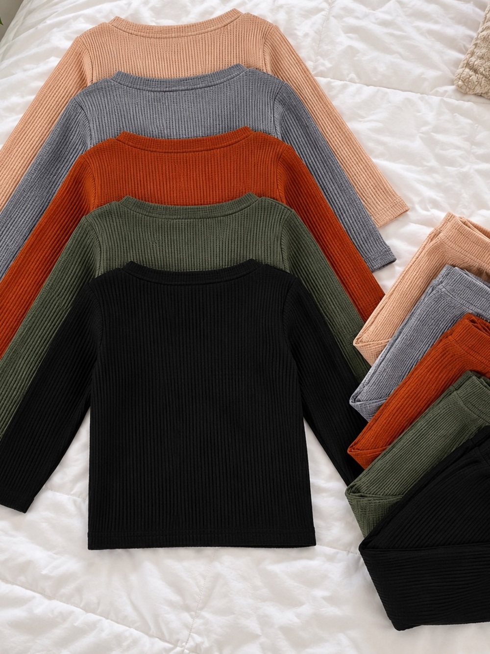Kids Ribbed Long Sleeve Top - Black, Olive, Rust, Gray, Peach
